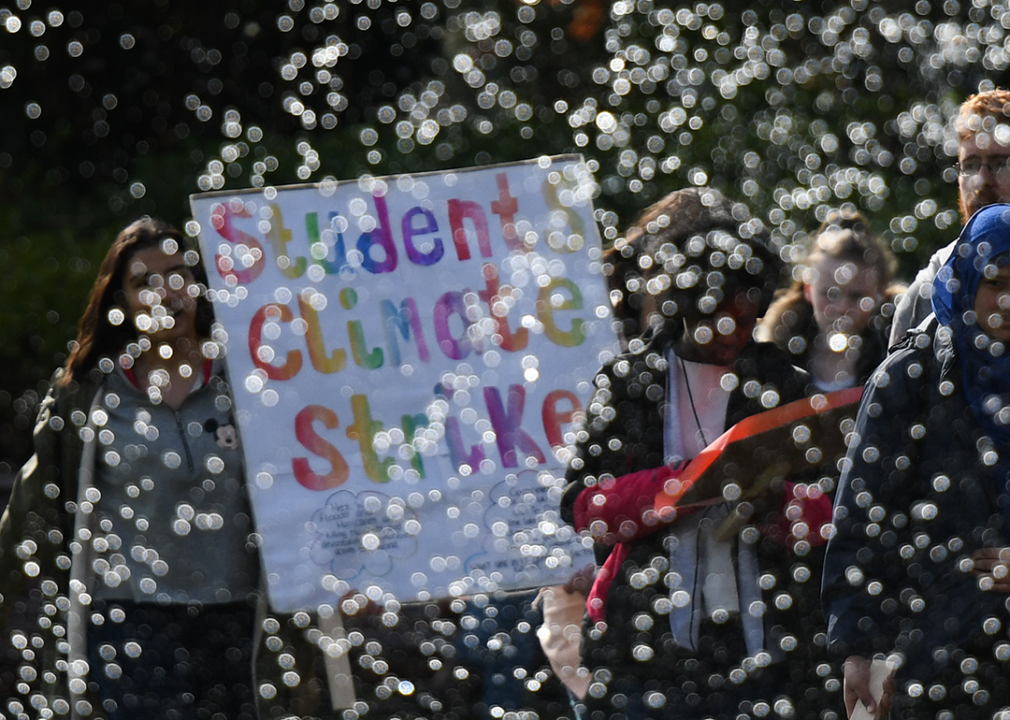 A somewhat blurry photo highlights a sign that says, students climate strike. 