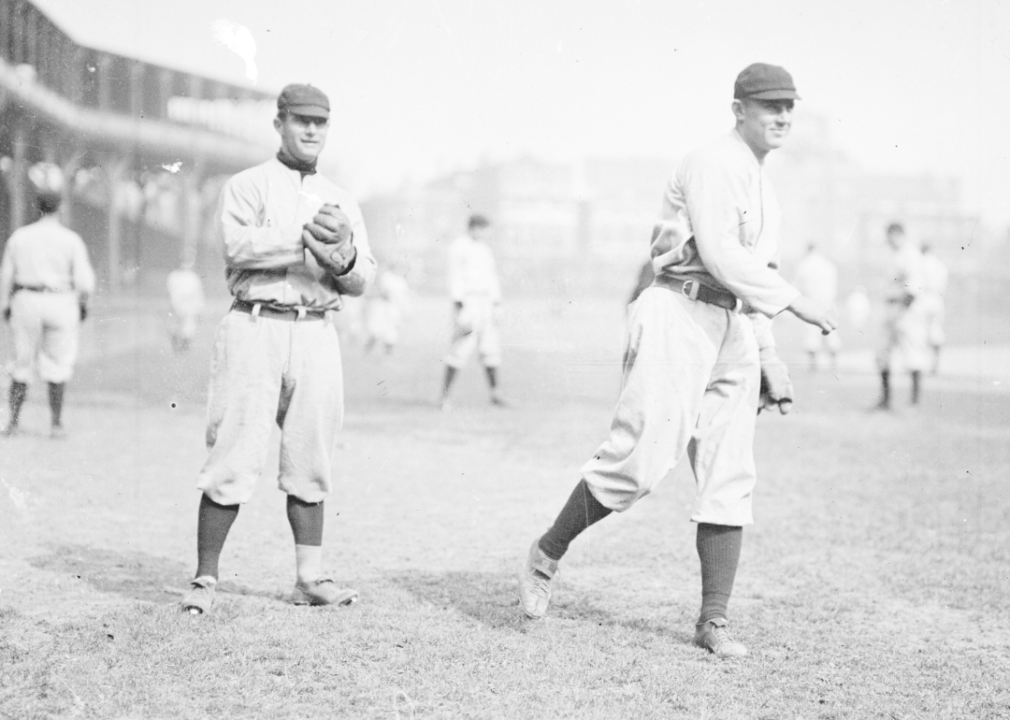Baseball pitcher Doc Crandall throws a baseball in 1910