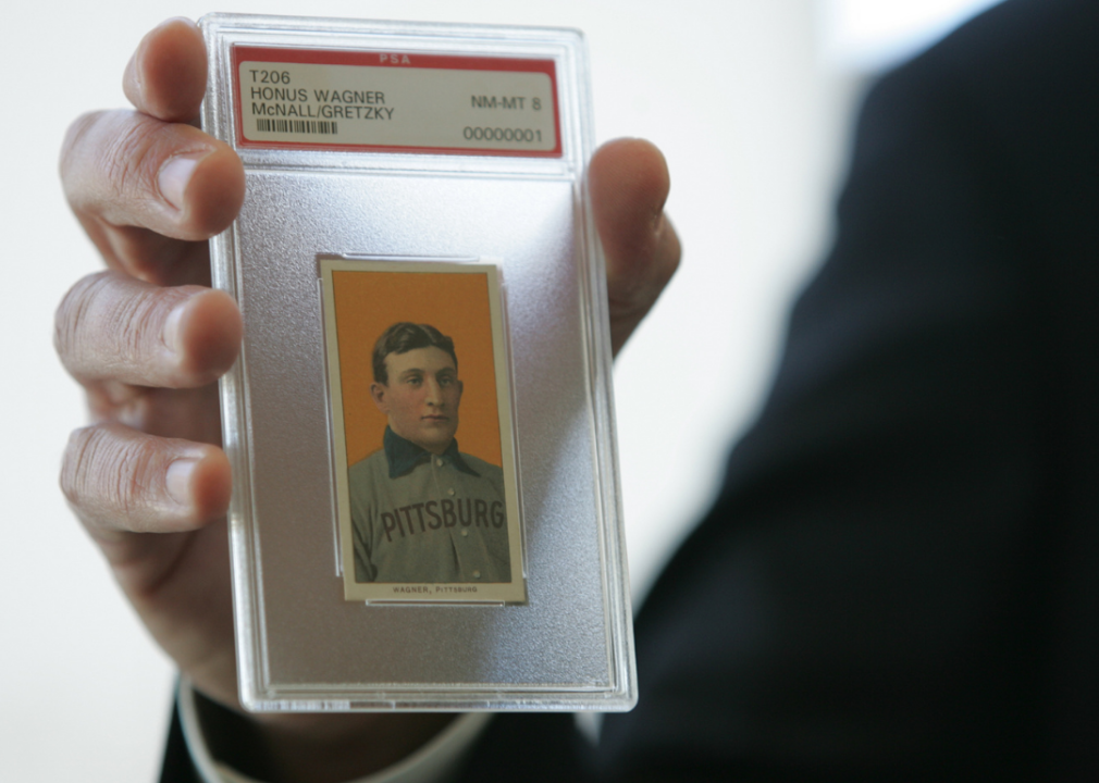 The famous 1909 Honus Wagner baseball card encased in plastic