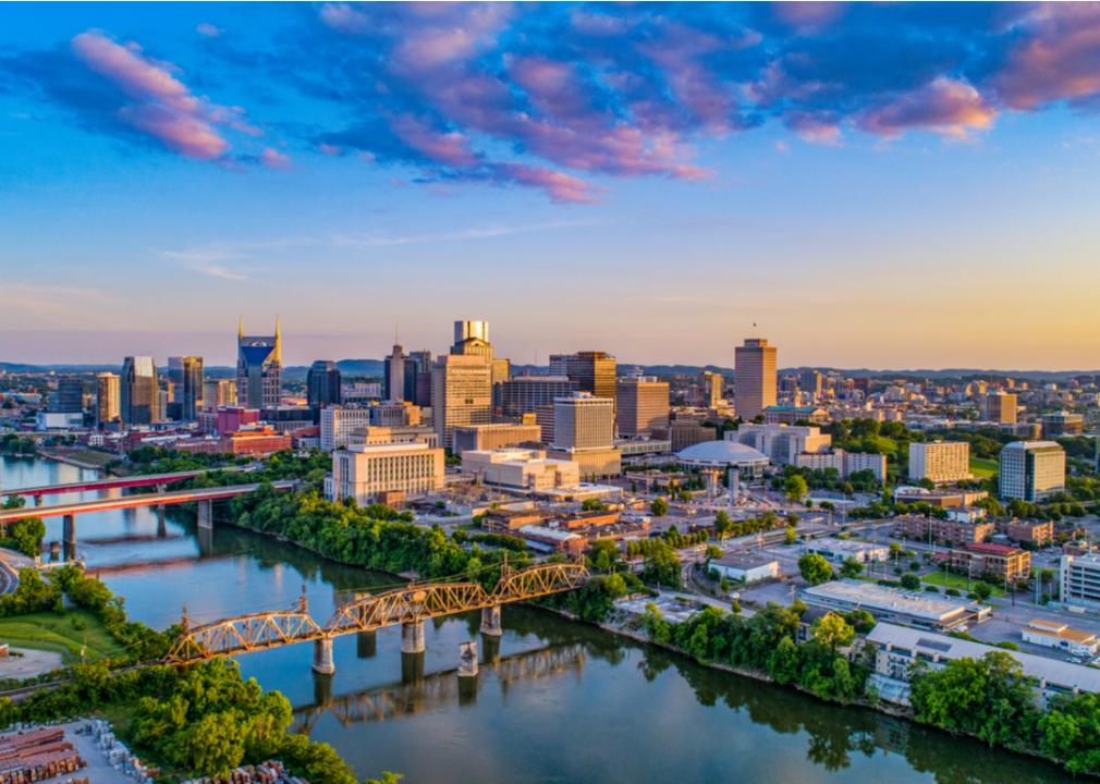 Aerial view of Nashville at sunset