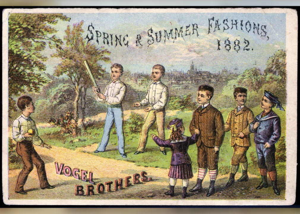 Baseball lithographed trade card to promote clothiers showing kids dressed nicely, playing and watching baseball.