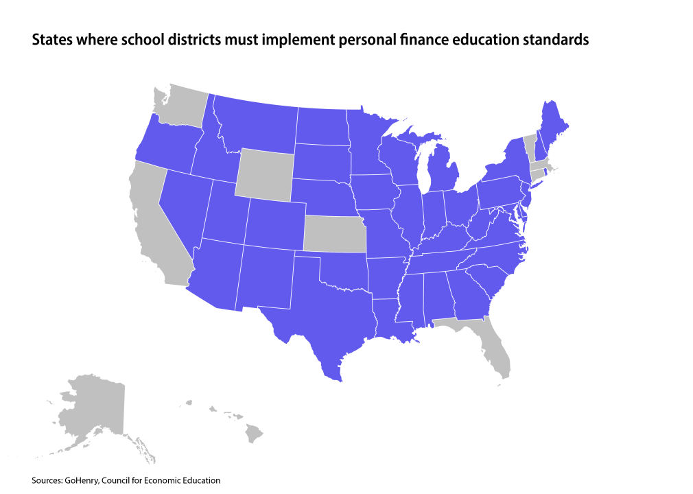 Map of states where school districts must implement personal finance standards