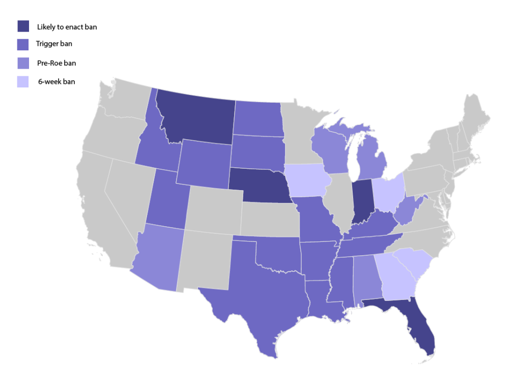 Map showing the 26 states expected to enact post-Roe abortion bans