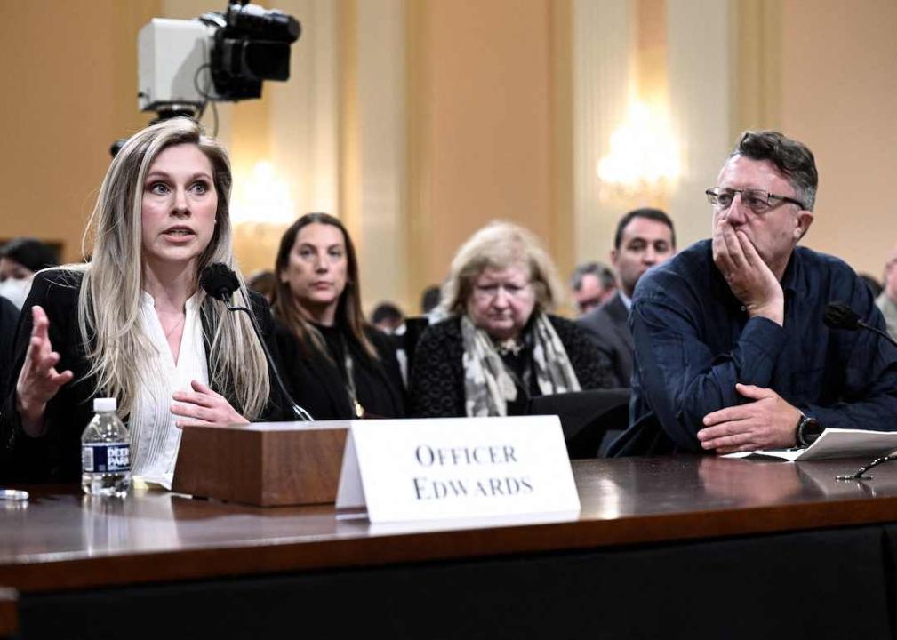 US Capitol Police Officer Caroline Edwards (L) testifies alongside British filmmaker Nick Quested (R) during a House Select Committee hearing to Investigate the January 6th Attack on the US Capitol, in the Cannon House Office Building on Capitol Hill in Washington, DC on June 9, 2022.