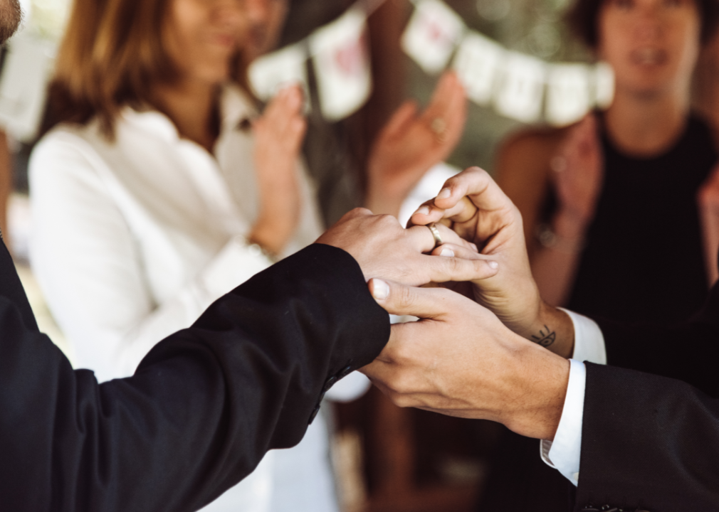 Closeup of two men exchanging rings during wedding ceremony