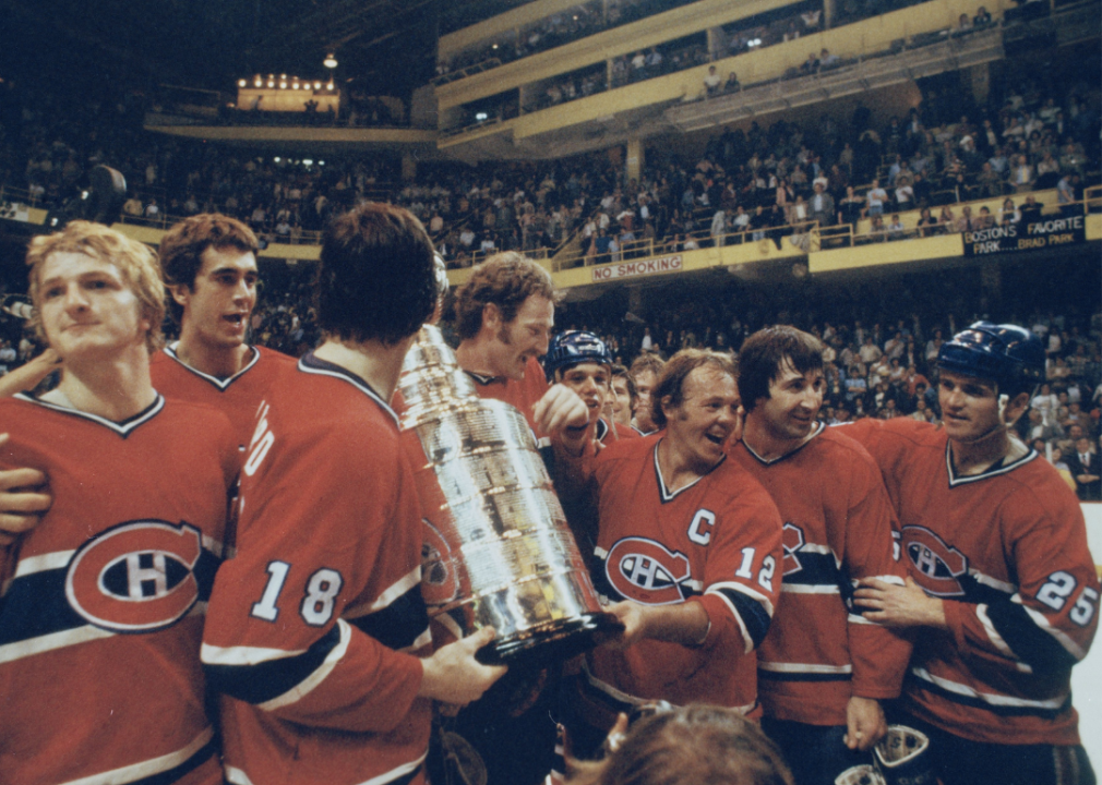 Montreal Canadiens players hold the Stanley Cup after defeating the Boston Bruins in Game 6 of the 1978 Stanley Cup Finals