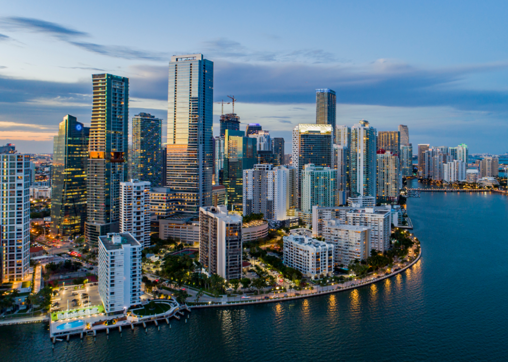 Aerial view of downtown Miami at dusk.
