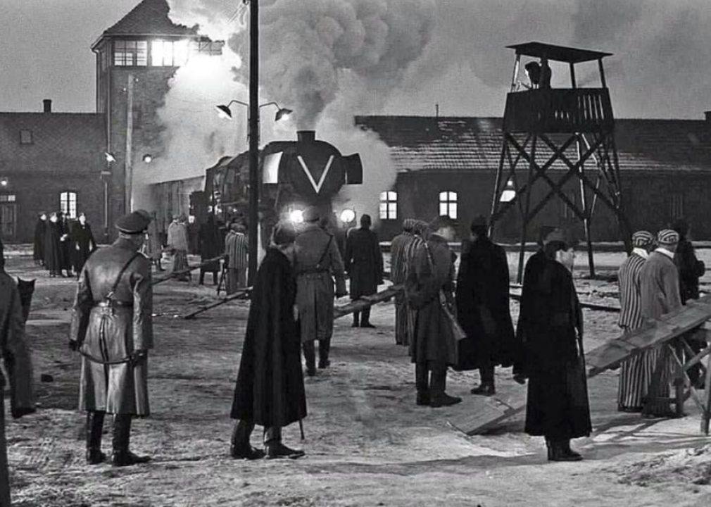 A recreation of the front gate and towers of Plaszow concentration camp for the film "Schindler's List."