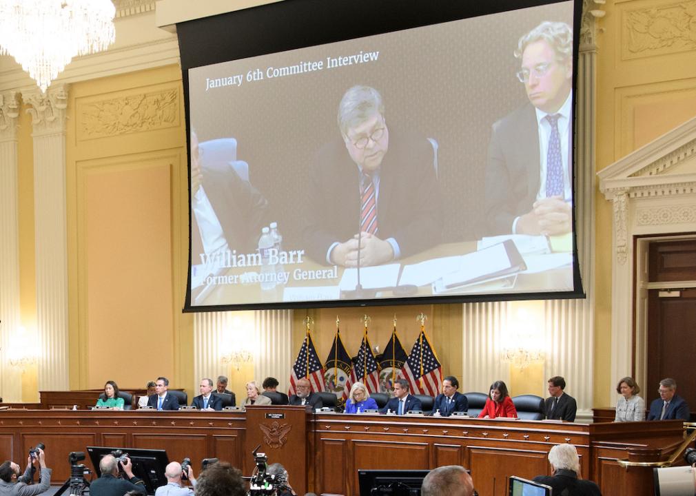 A video image of former U.S. Attorney General William Barr is shown during a hearing by the Select Committee to Investigate the January 6th Attack on Capitol Hill on June 9, 2022 in Washington, DC. 