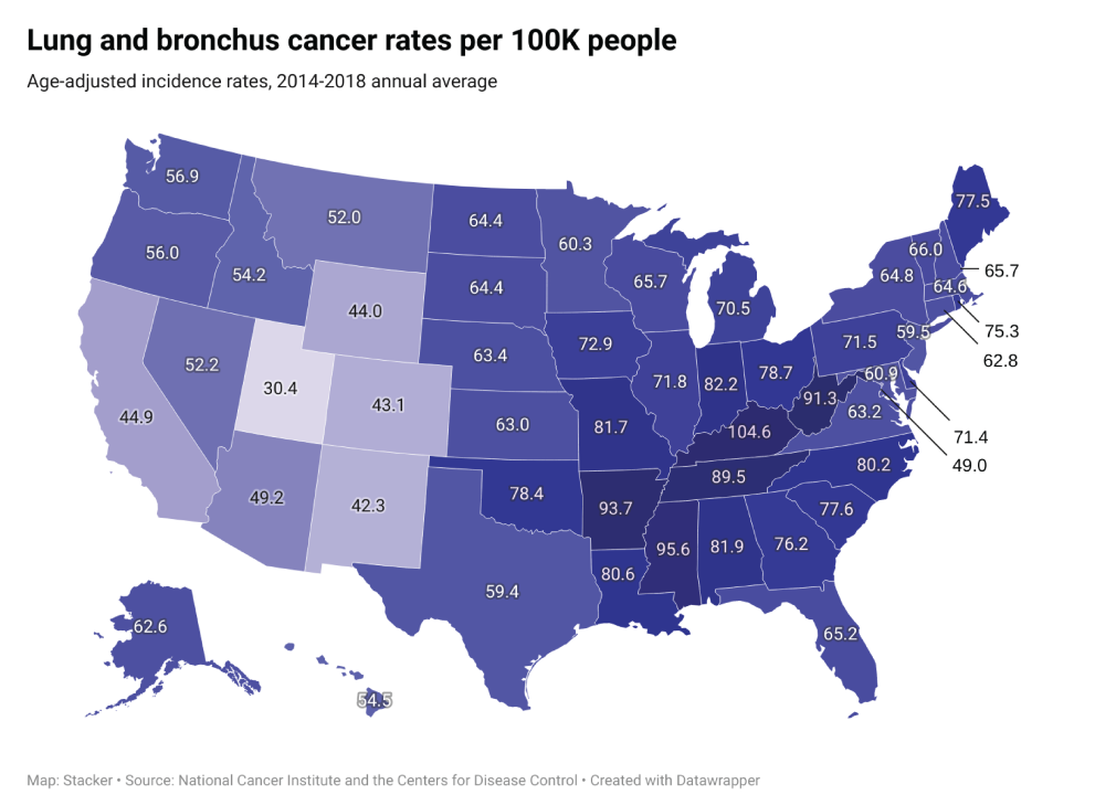 Map showing state-by-state rates of lung and bronchus cancer