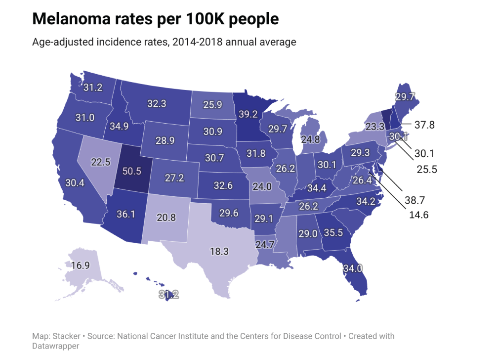 Melanoma rates per 100k state map