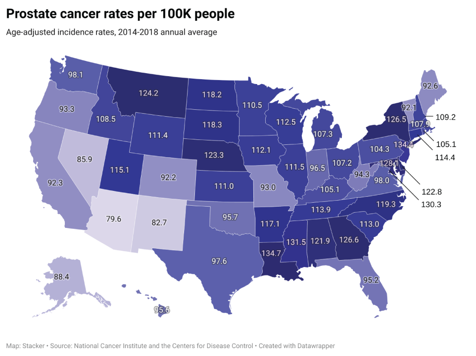 Prostate Cancer rates per 100k state map