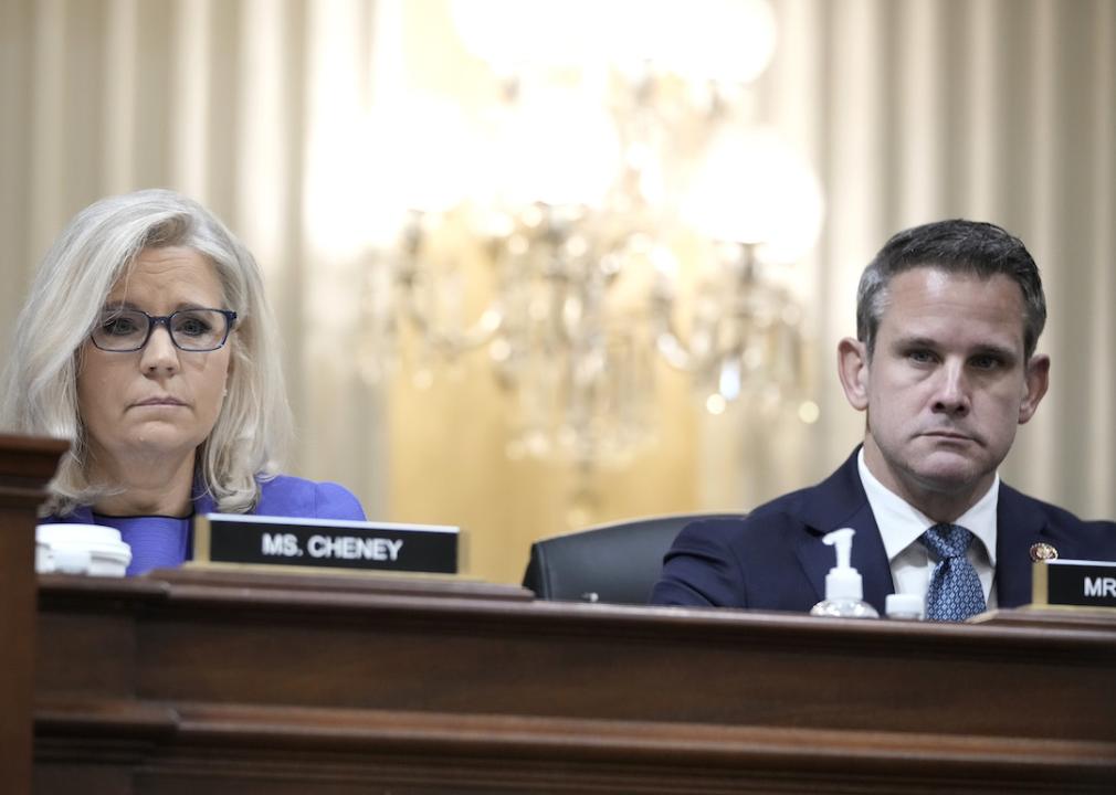 U.S. Rep. Liz Cheney (R-WY) (L), Vice Chairwoman of the Select Committee to Investigate the January 6th Attack on the U.S. Capitol, joined by Rep. Adam Kinzinger (R-IL), delivers remarks during a hearing on the January 6th investigation on June 09, 2022 on Capitol Hill in Washington, DC.