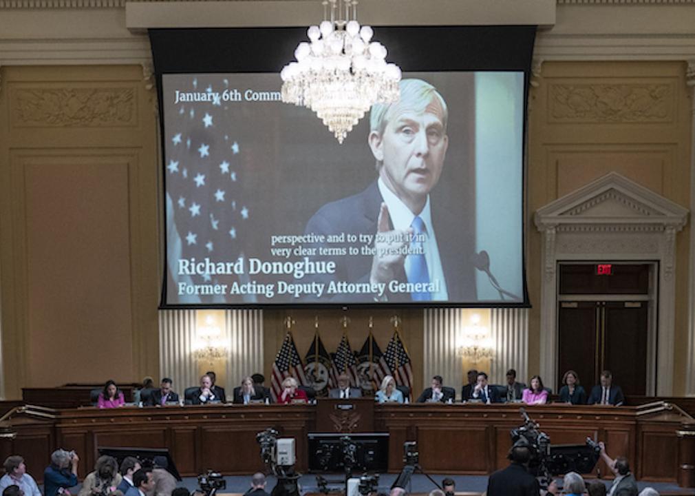 A video of former Acting Attorney General Richard Donoghue is shown on a screen during the second hearing held by the Select Committee to Investigate the January 6th Attack on the U.S. Capitol on June 13, 2022 on Capitol Hill in Washington, DC. 