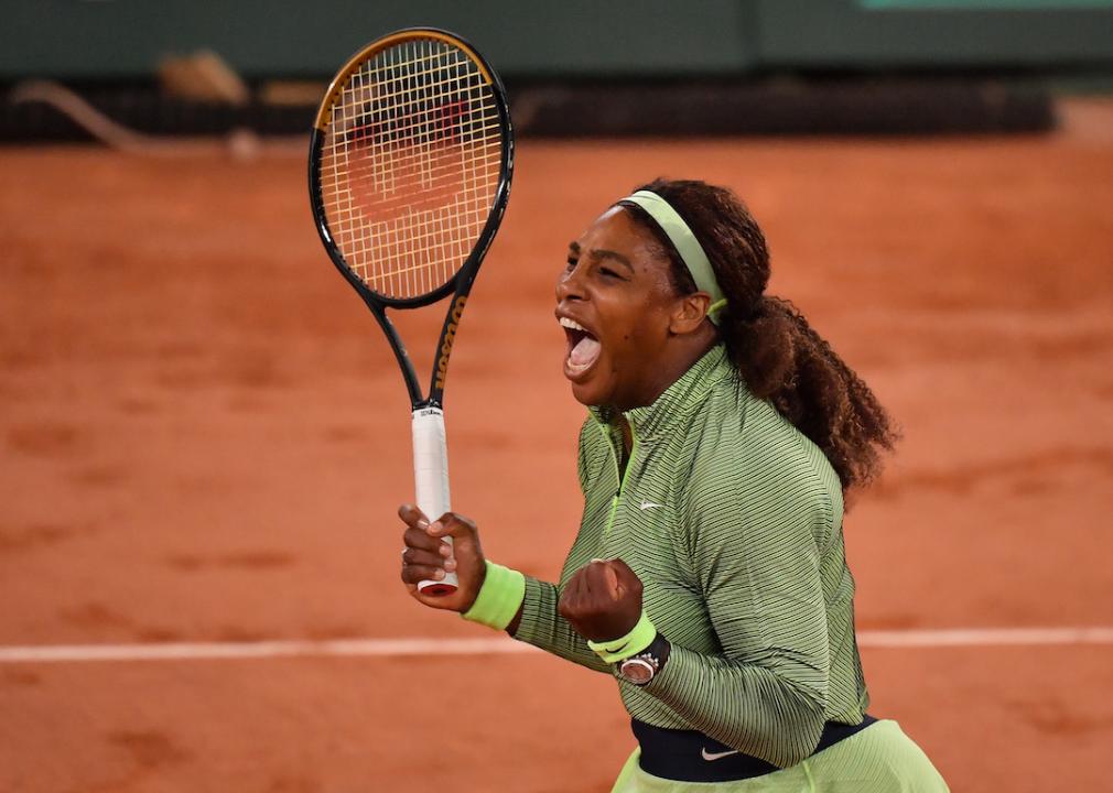 Serena Williams celebrates a win at the 2021 French Open.