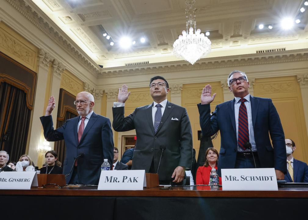 Election attorney Benjamin Ginsberg, BJay Pak, former U.S. Attorney for the Northern District of Georgia, and Al Schmidt, former Philadelphia City Commissioner, are sworn-in before testifying during a hearing by the Select Committee to Investigate the January 6th Attack on the U.S. Capitol in the Cannon House Office Building on June 13, 2022 in Washington, DC.
