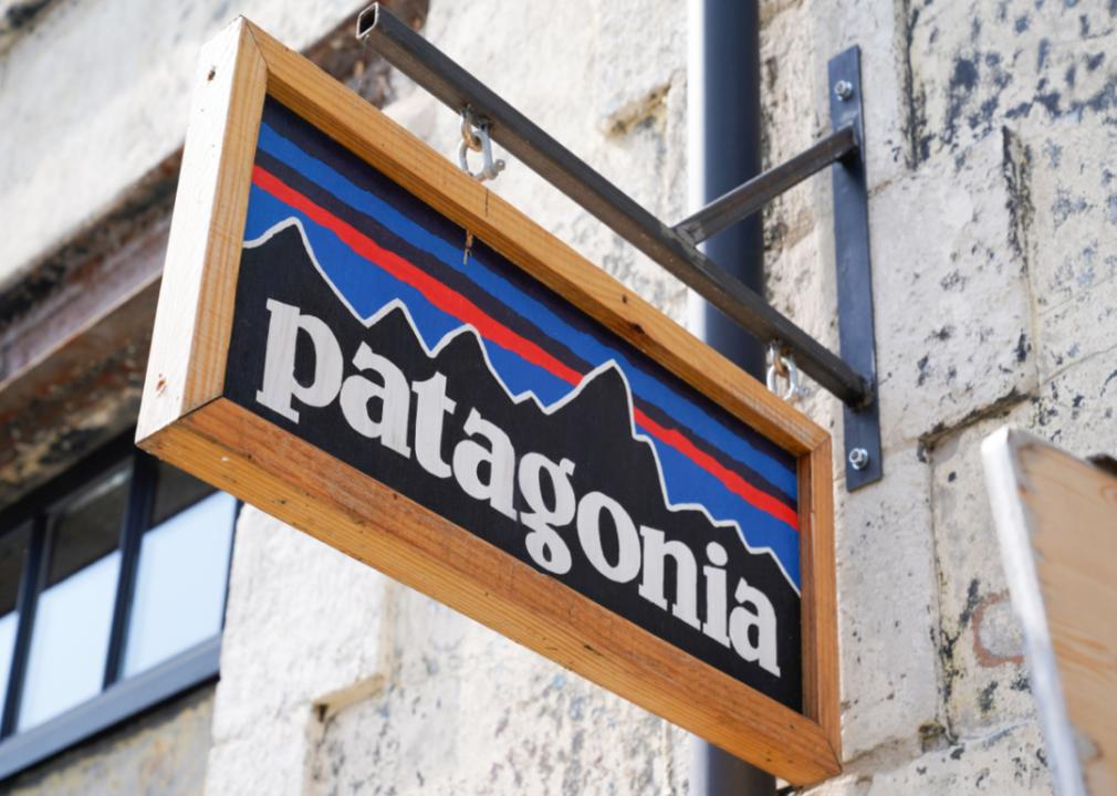 Patagonia logo hangs in front of a store