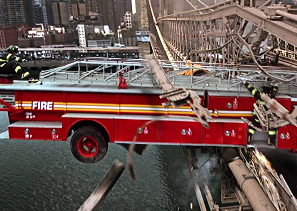 A simulated fire engine crash on a replica of Brooklyn Bridge from "Fantastic Four"