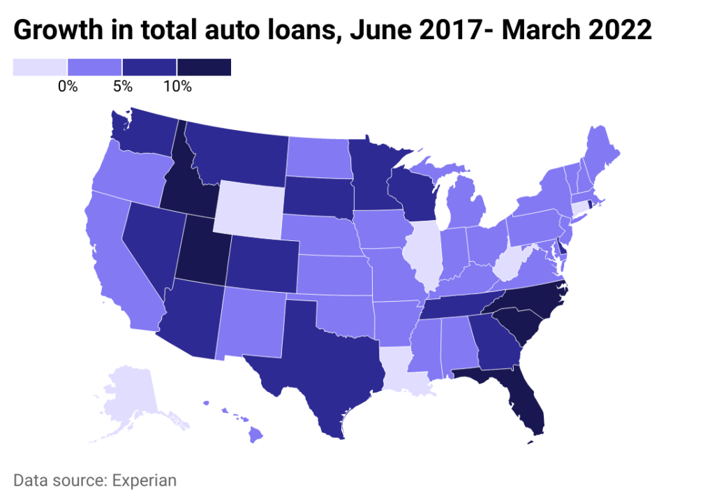 Map of the change in the number of auto loans in each state between 2017 and 2022.