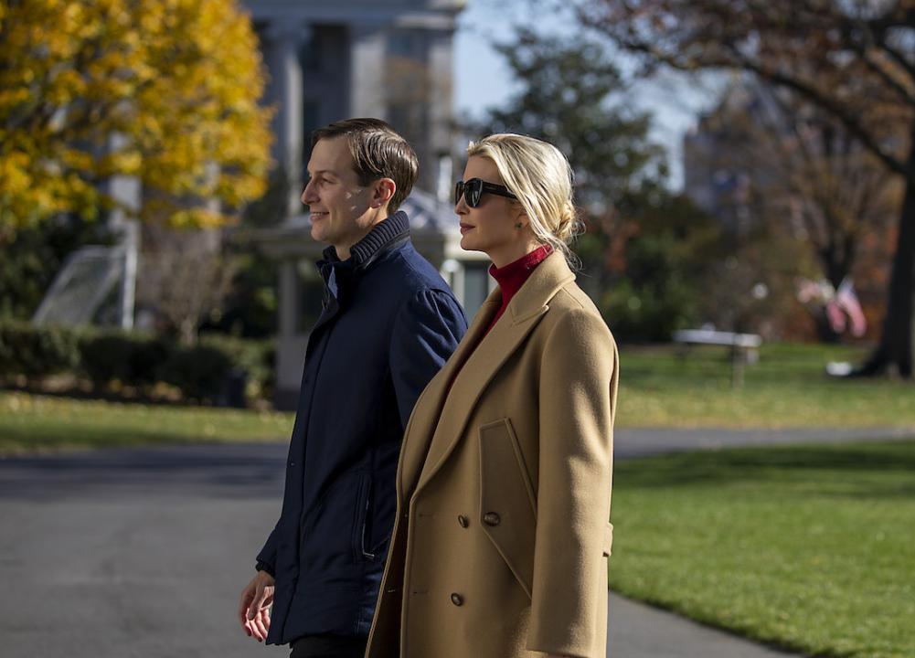 Jared Kushner and Ivanka Trump walk on the south lawn of the White House on November 29, 2020 in Washington, DC.