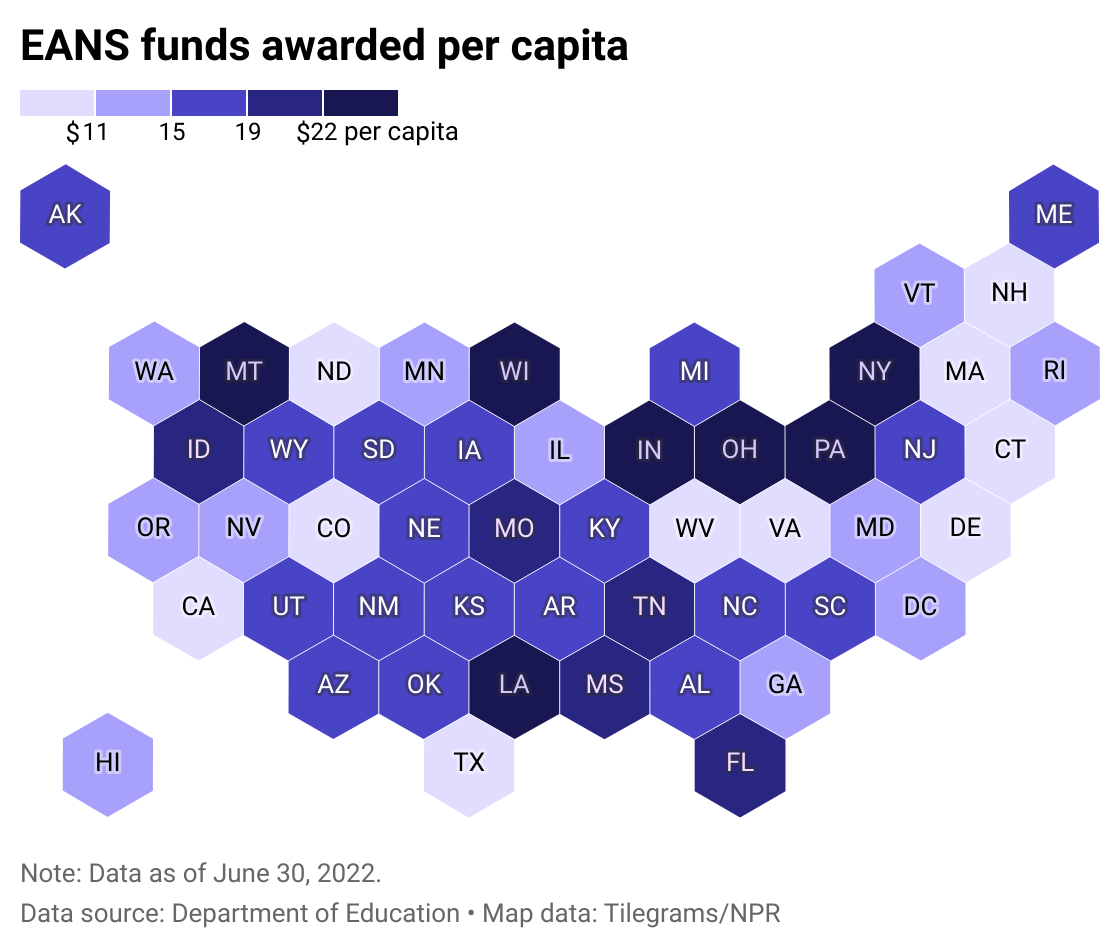 Hexbin state map of per capita EANS funds awarded in response to the COVID-19 pandemic.
