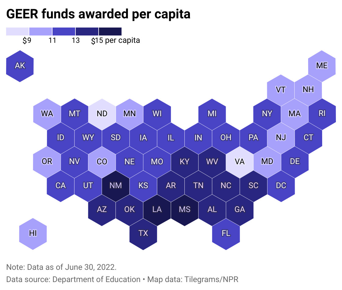 Hexbin state map of per capita GEER funds awarded in response to the COVID-19 pandemic.