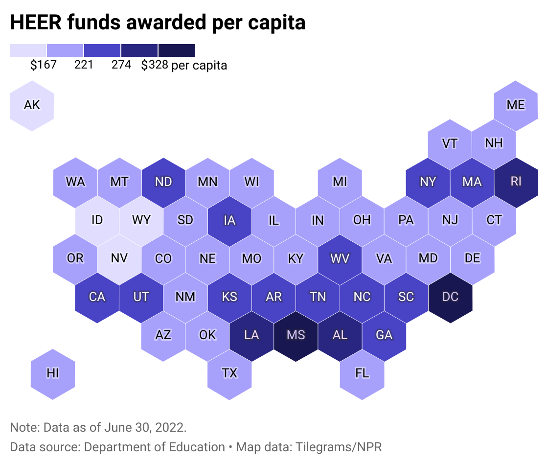 Hexbin state map of per capita HEER awarded in response to the COVID-19 pandemic.