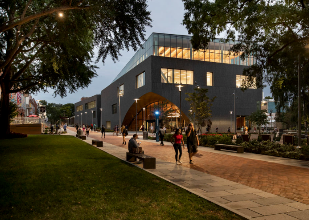 Exterior view of Charles Library at Temple University in the evening