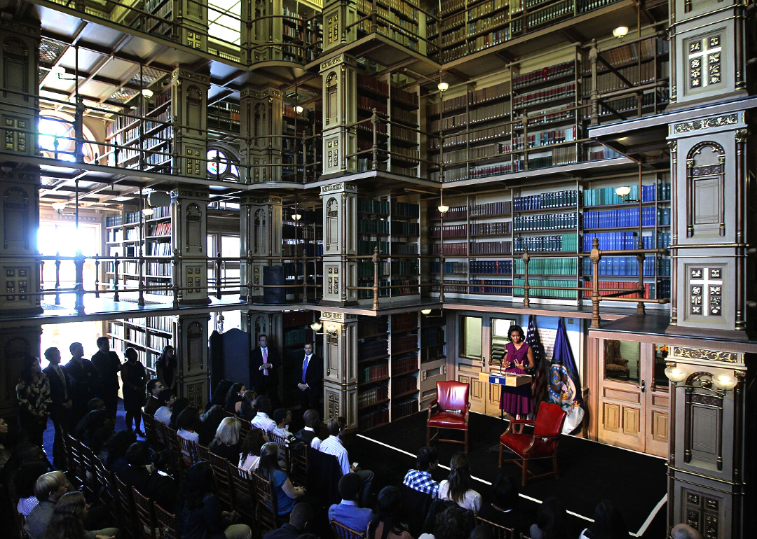 Michelle Obama speaks to students at the Riggs Library of Georgetown University 