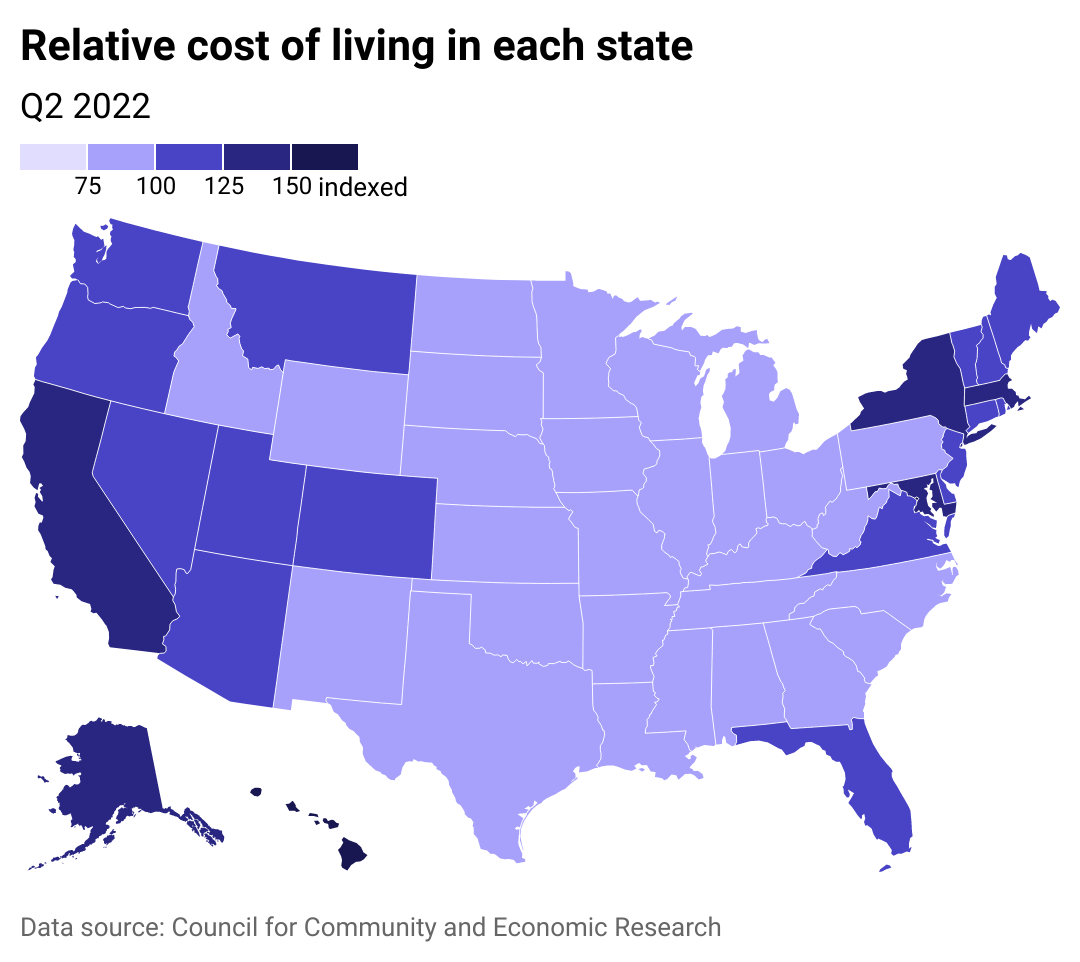 Map showing the cost of living across the U.S.
