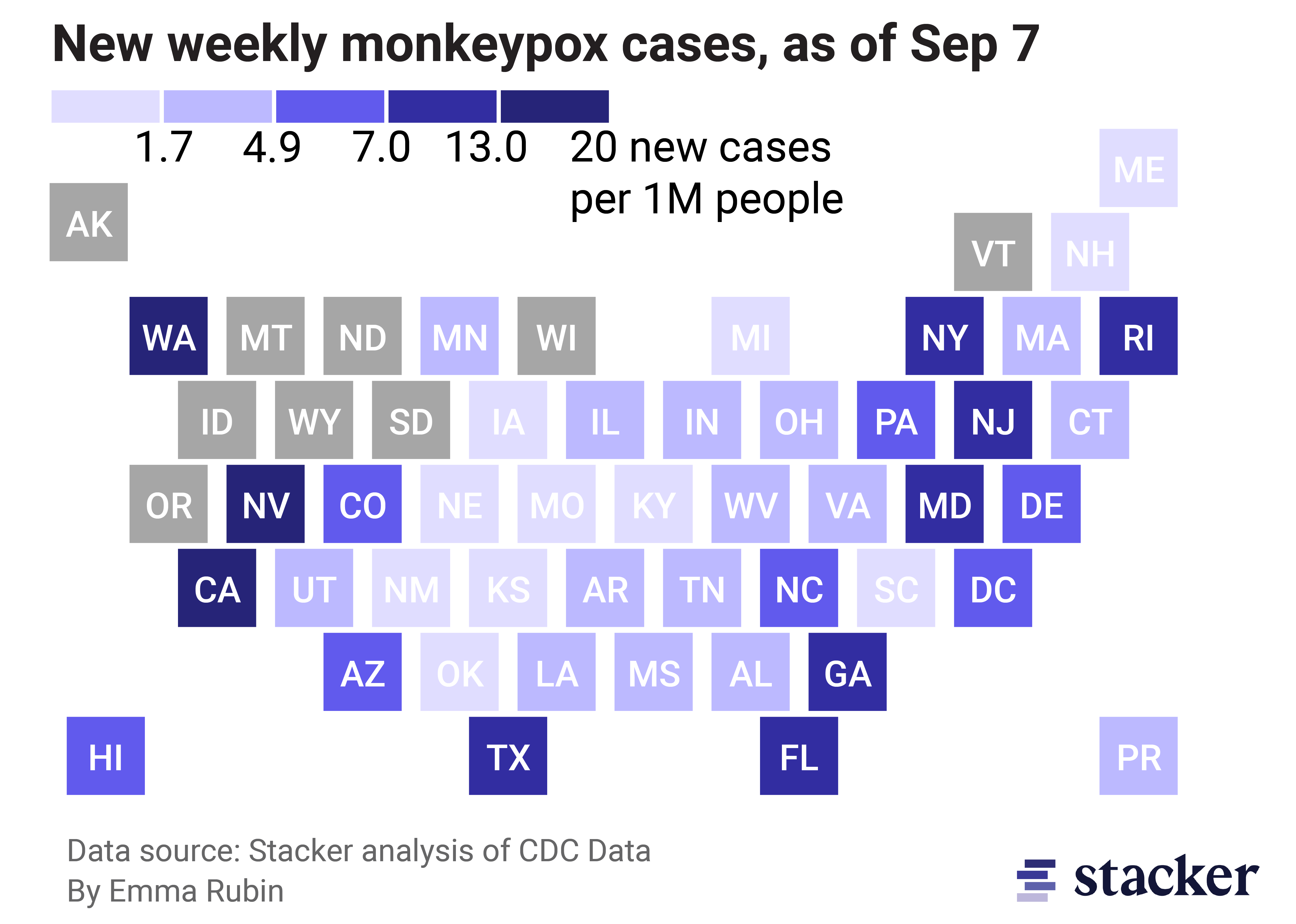U.S. map depicting weekly monkeypox cases by state as of September 7, 2022