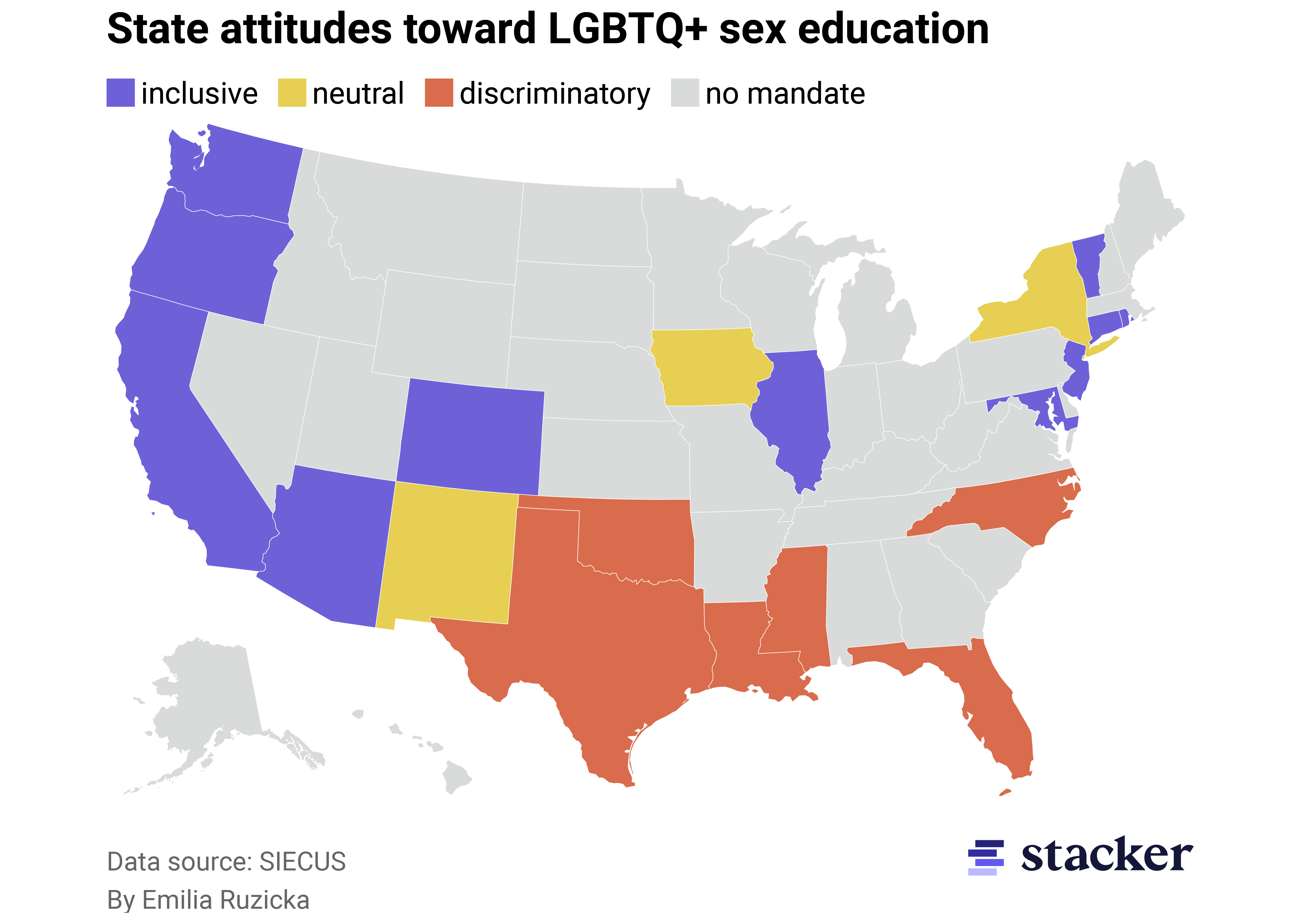 A map showing state attitudes toward LGBTQ+ sex education