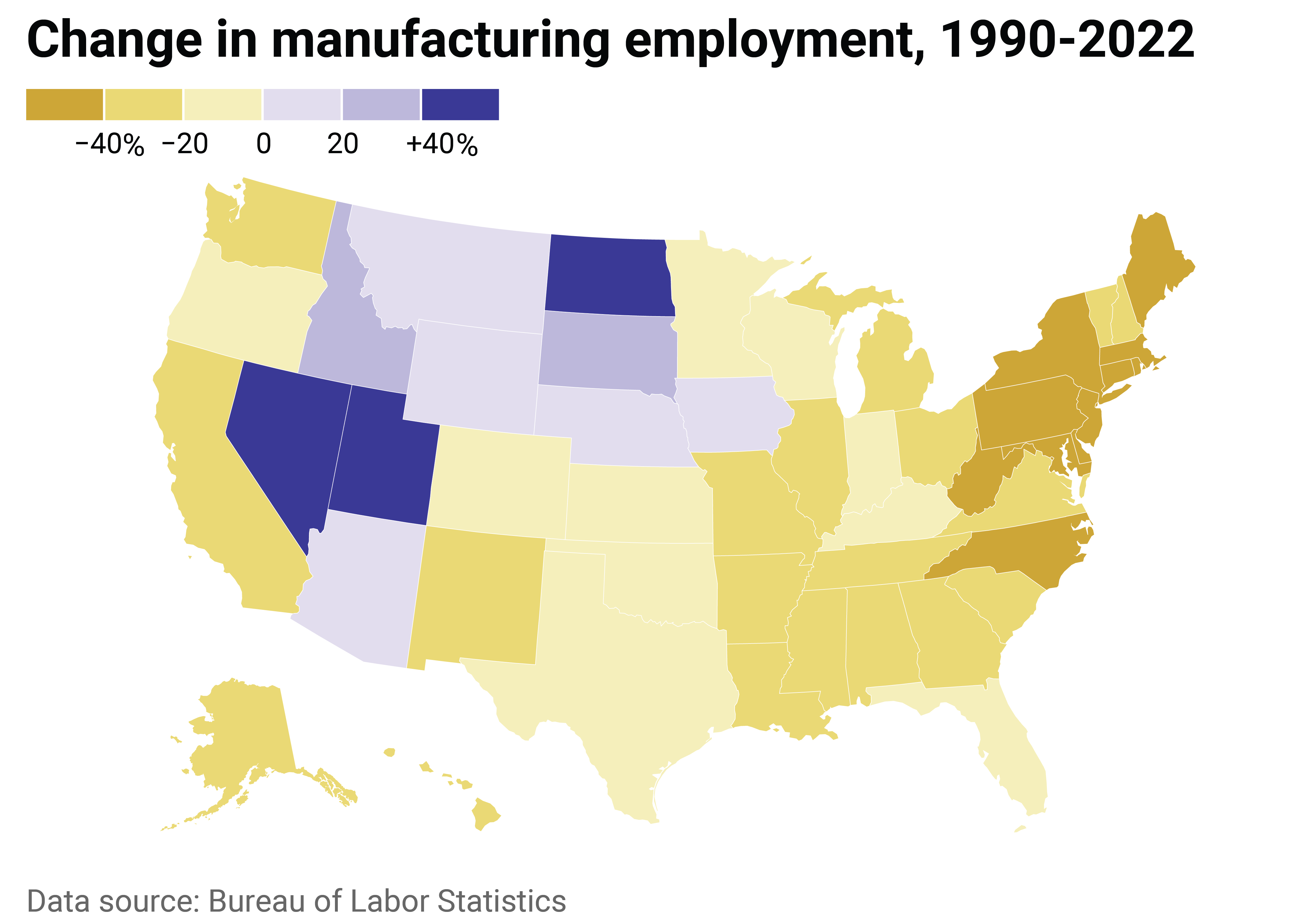 How manufacturing employment in every state has changed over the last
