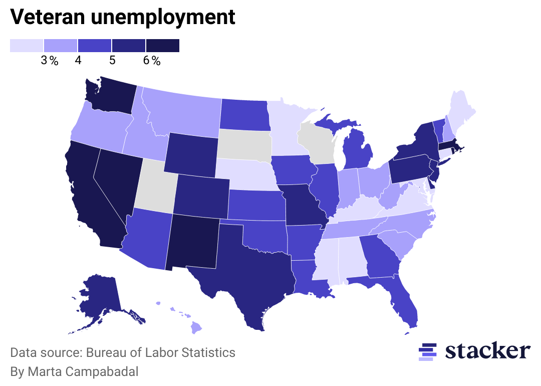 Unemployment map with percentage of unemployed veterans from the labor force per U.S. state