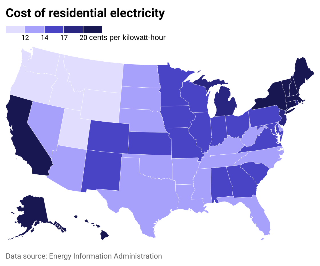 Map showing regional trends of change in electricity cost since July 2013