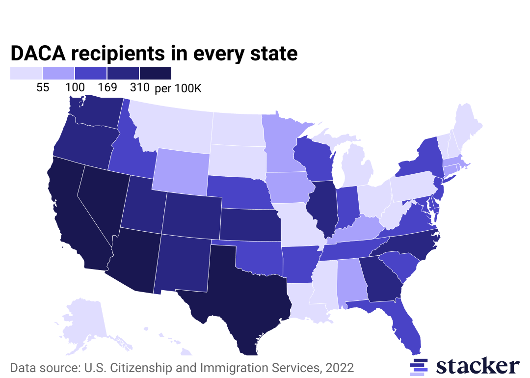 State map of the DACA recipients per 100,000 in every state.