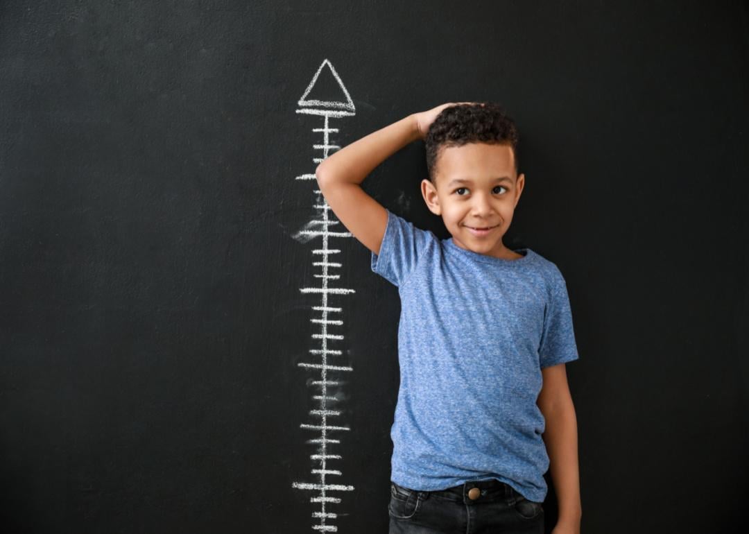 A young boy standing before a height chart.