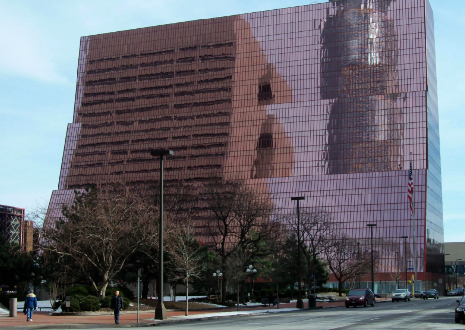 A shiny bronze looking Thrivent Financial building.