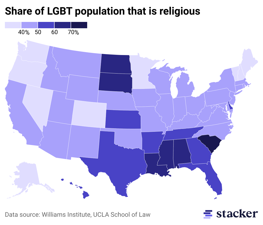 Heat map of the United States showing LGBT religiosity by state