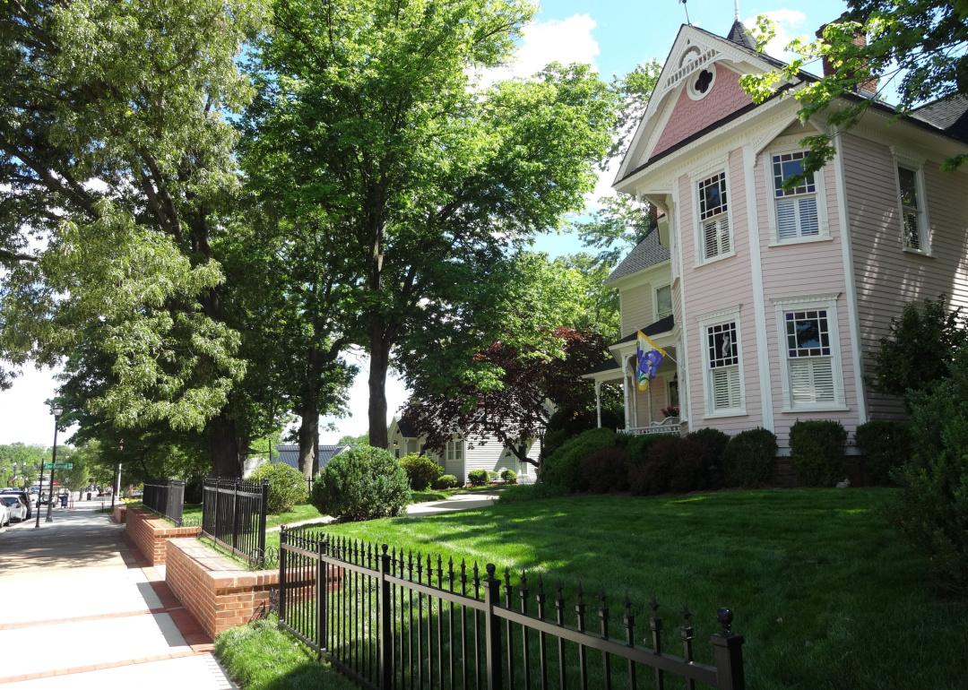 A pink house in a downtown neighborhood in Cary, North Carolina.