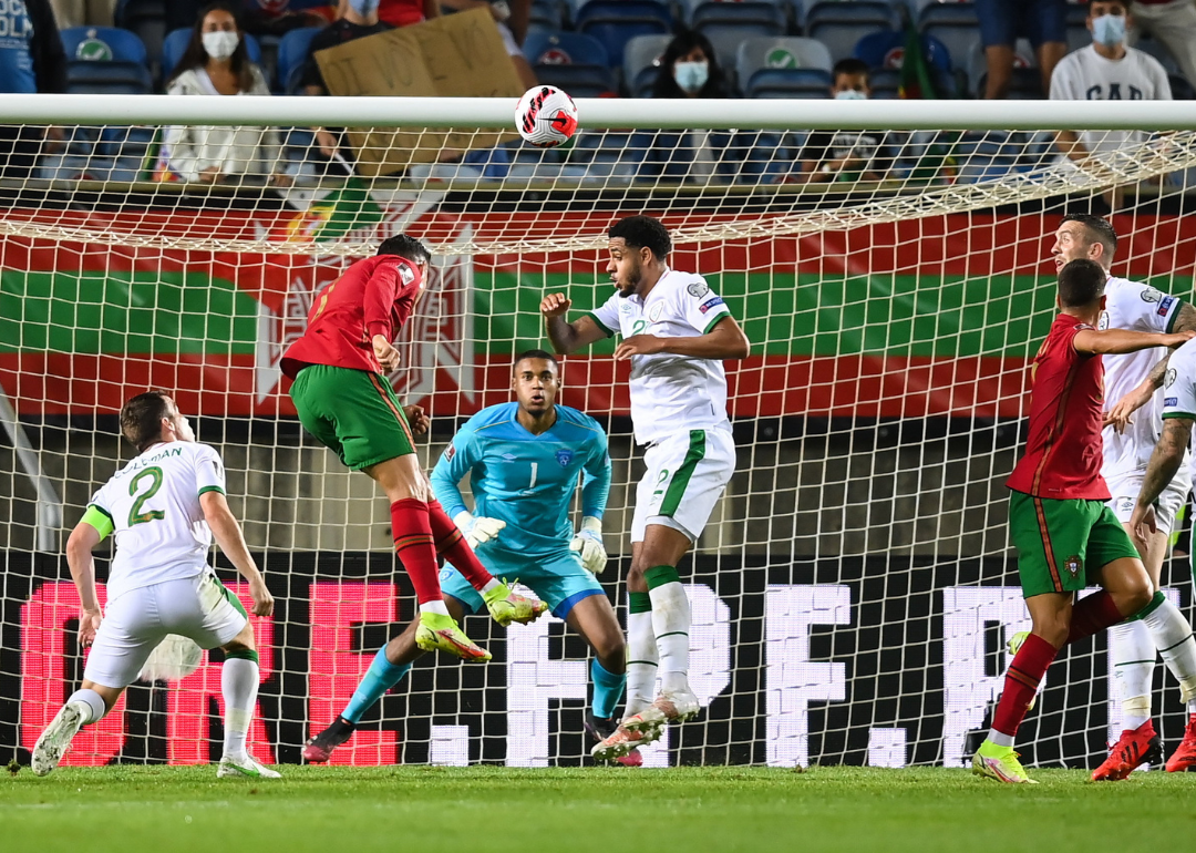 Cristiano Ronaldo of Portugal heads to score his side
