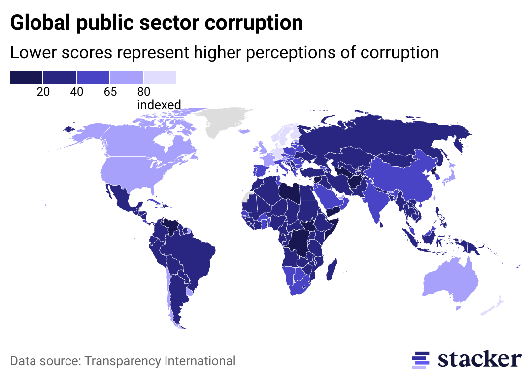World map of countries based on public sector corruption score