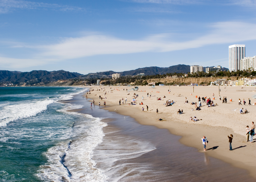 View of waves crashing on the beach in Santa Monica, California.