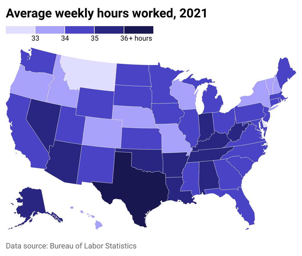 Heat map showing the number of hours worked weekly in each state.