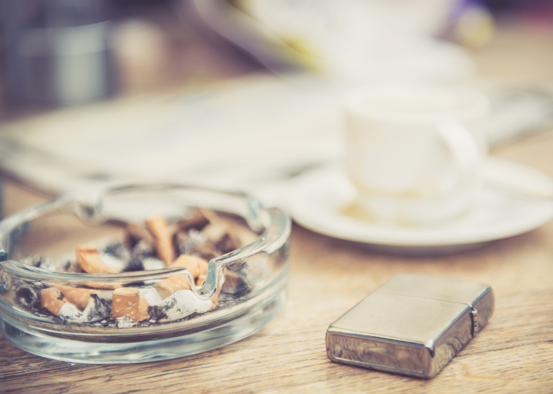 Ashtray on table with coffee cup and lighter.