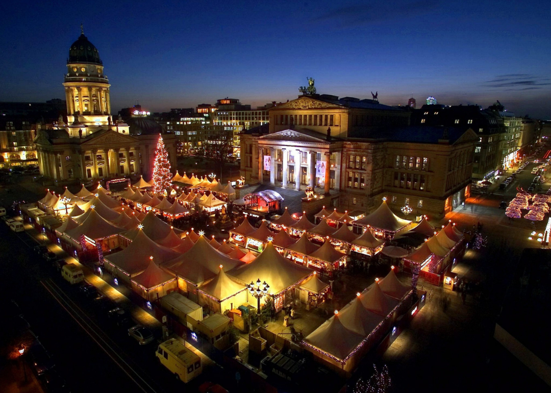 An aerial view of the Christmas Market in Gendarmenmarkt in Berlin.
