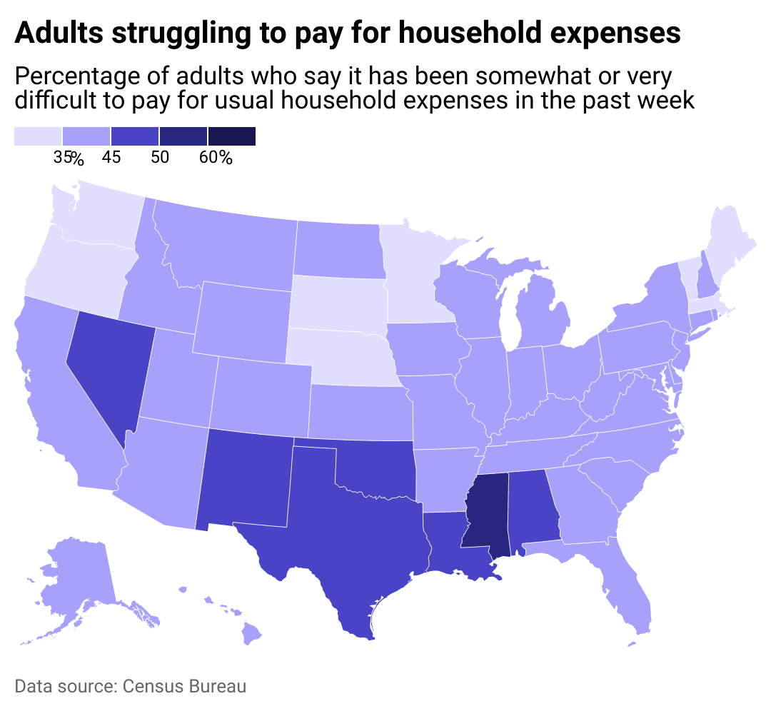 A map showing where people are struggling to afford usual expenses.