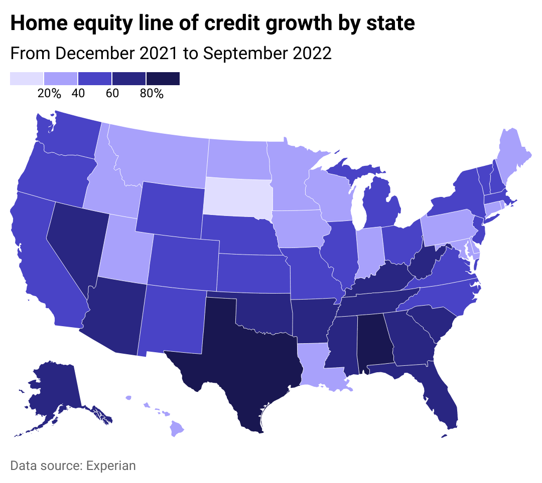 A map showing which states have recorded the biggest HELOC growth from December 2021 to September 2022.