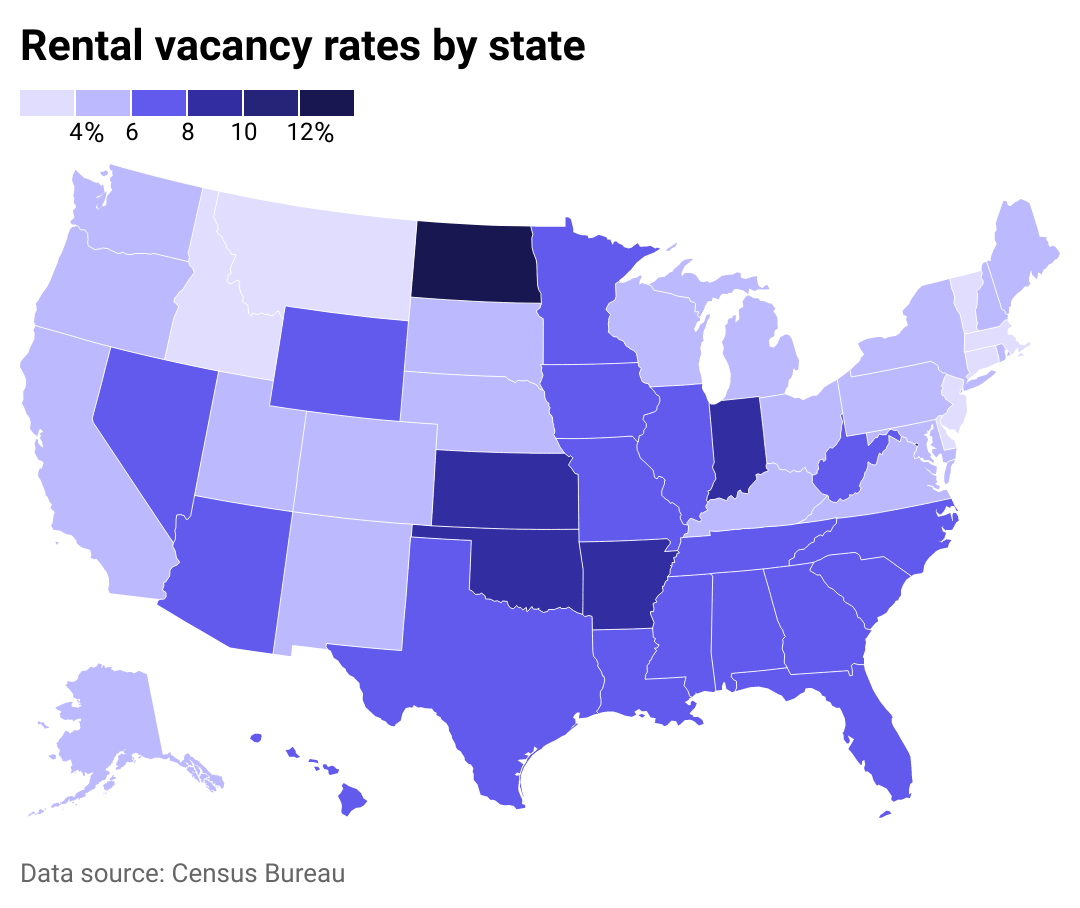 A map showing rental vacancy rates by state. 