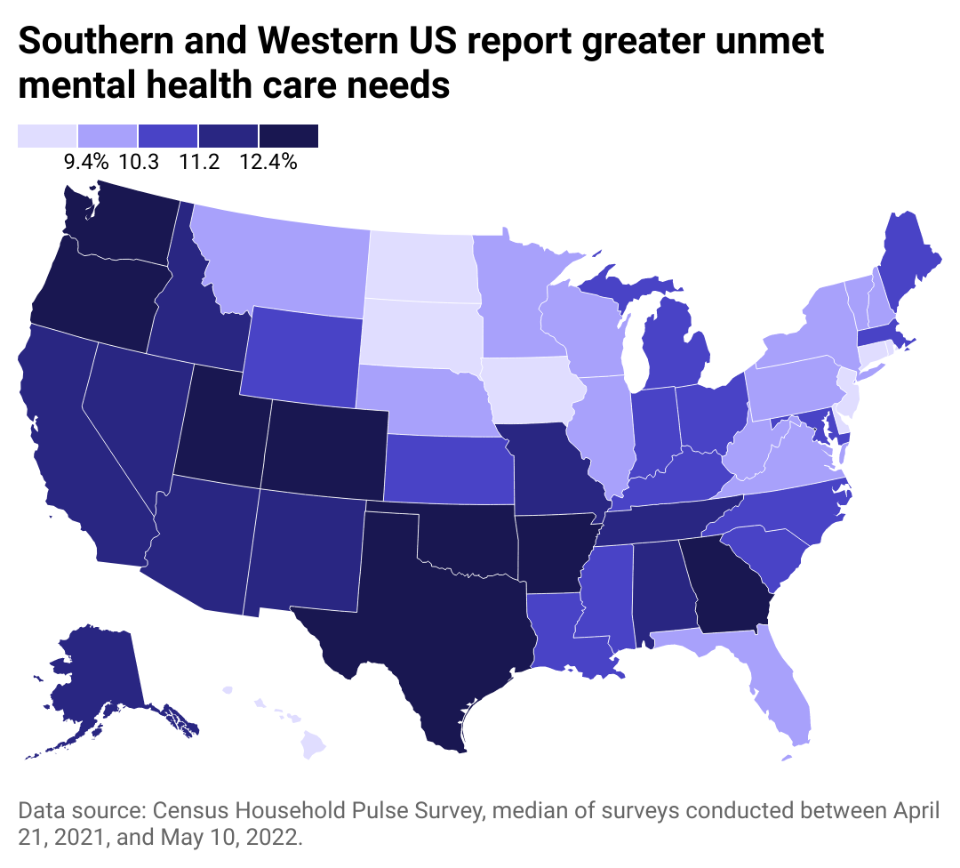 State map of population reporting not receiving therapy they needed over the past month.